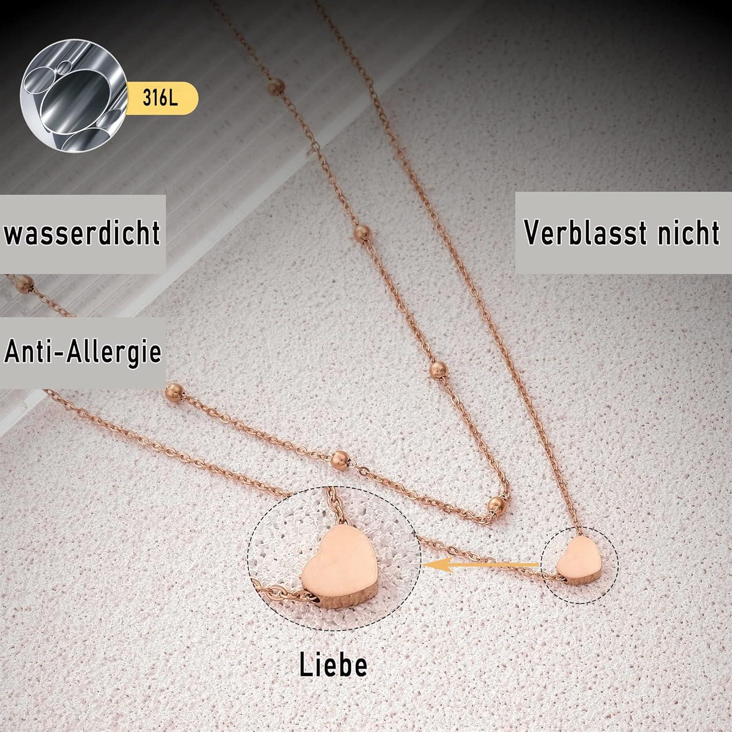 Layered Kette Silber/Rosegold/Gold Multilayer Halskette mit Herz