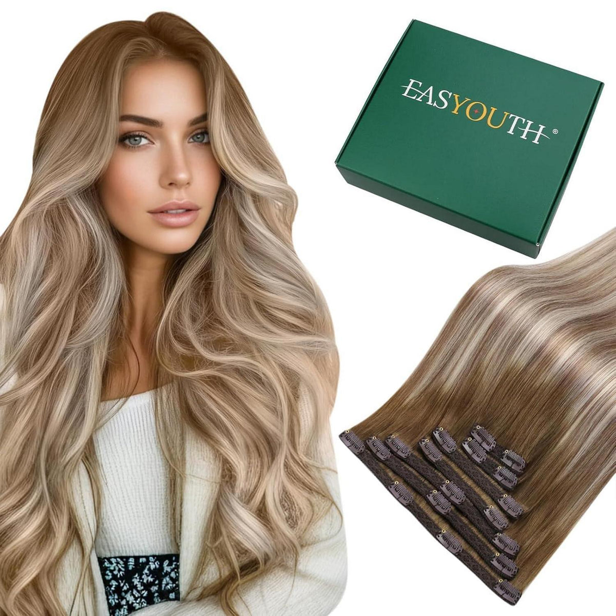 Clip-In Haarverlängerung Echthaar Balayage Blond Mittelbraun
