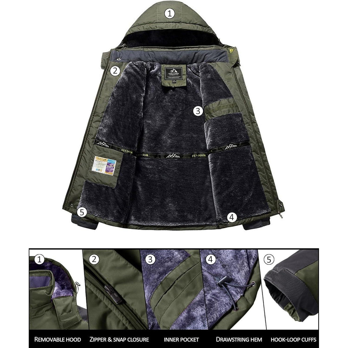 Herren Winterjacke Wasserdicht Warm Gefüttert Skijacke Armeegrün