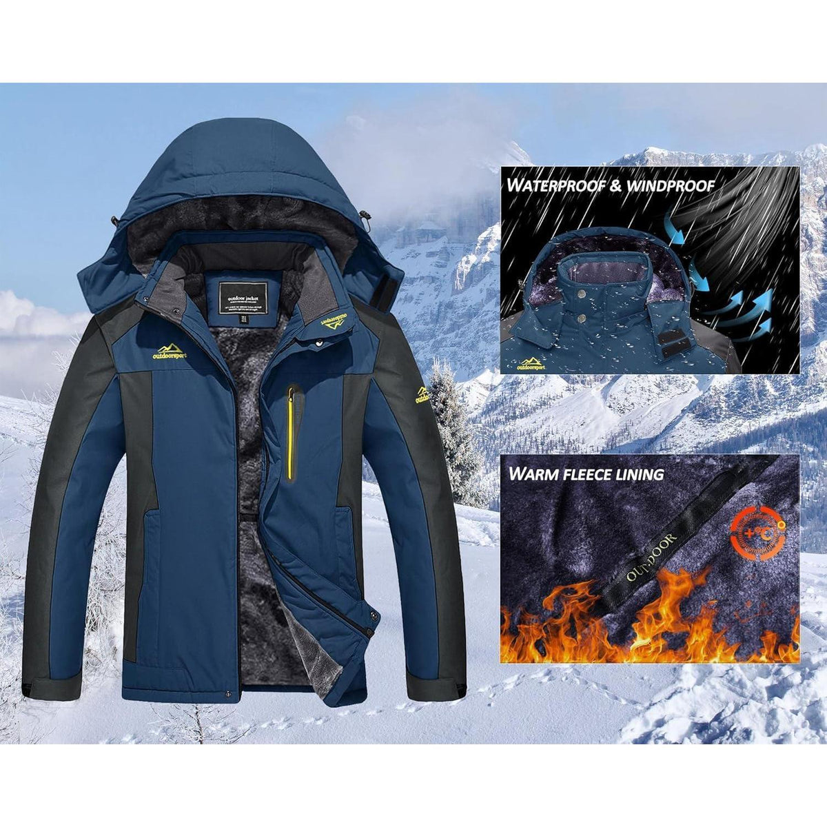 Herren Winterjacke Wasserdicht Warm Blau XL
