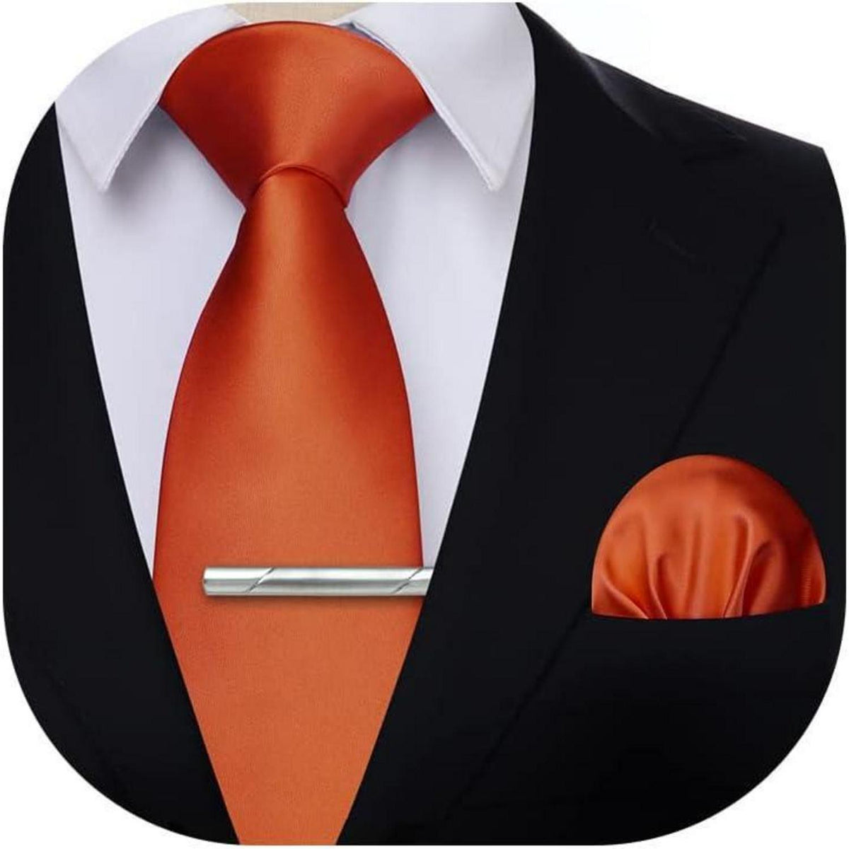 Herren Krawatten-Set mit Einstecktuch und Krawattenklammer, Orange