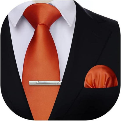Herren Krawatten-Set mit Einstecktuch und Krawattenklammer, Orange