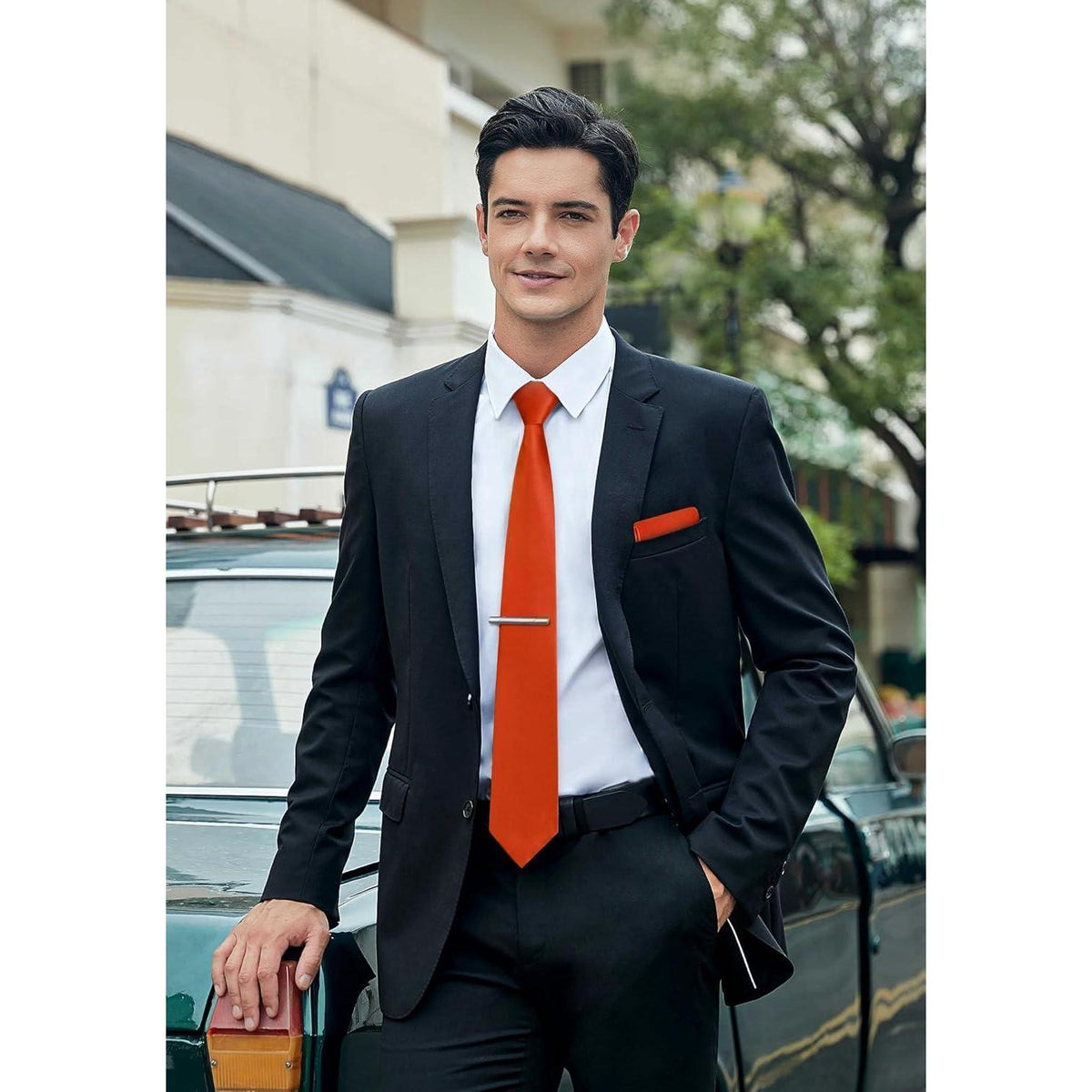 Herren Krawatten-Set mit Einstecktuch und Krawattenklammer, Orange