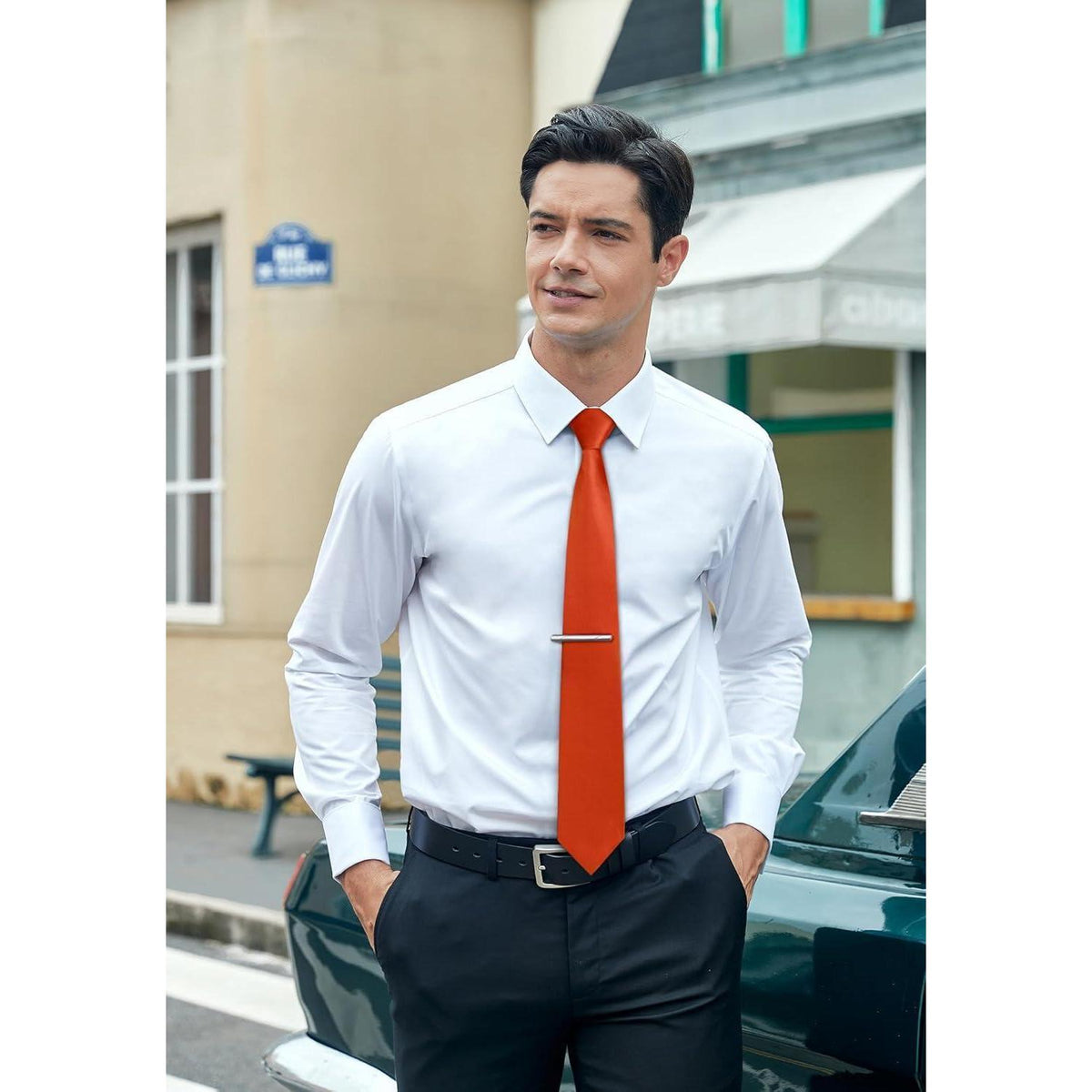 Herren Krawatten-Set mit Einstecktuch und Krawattenklammer, Orange