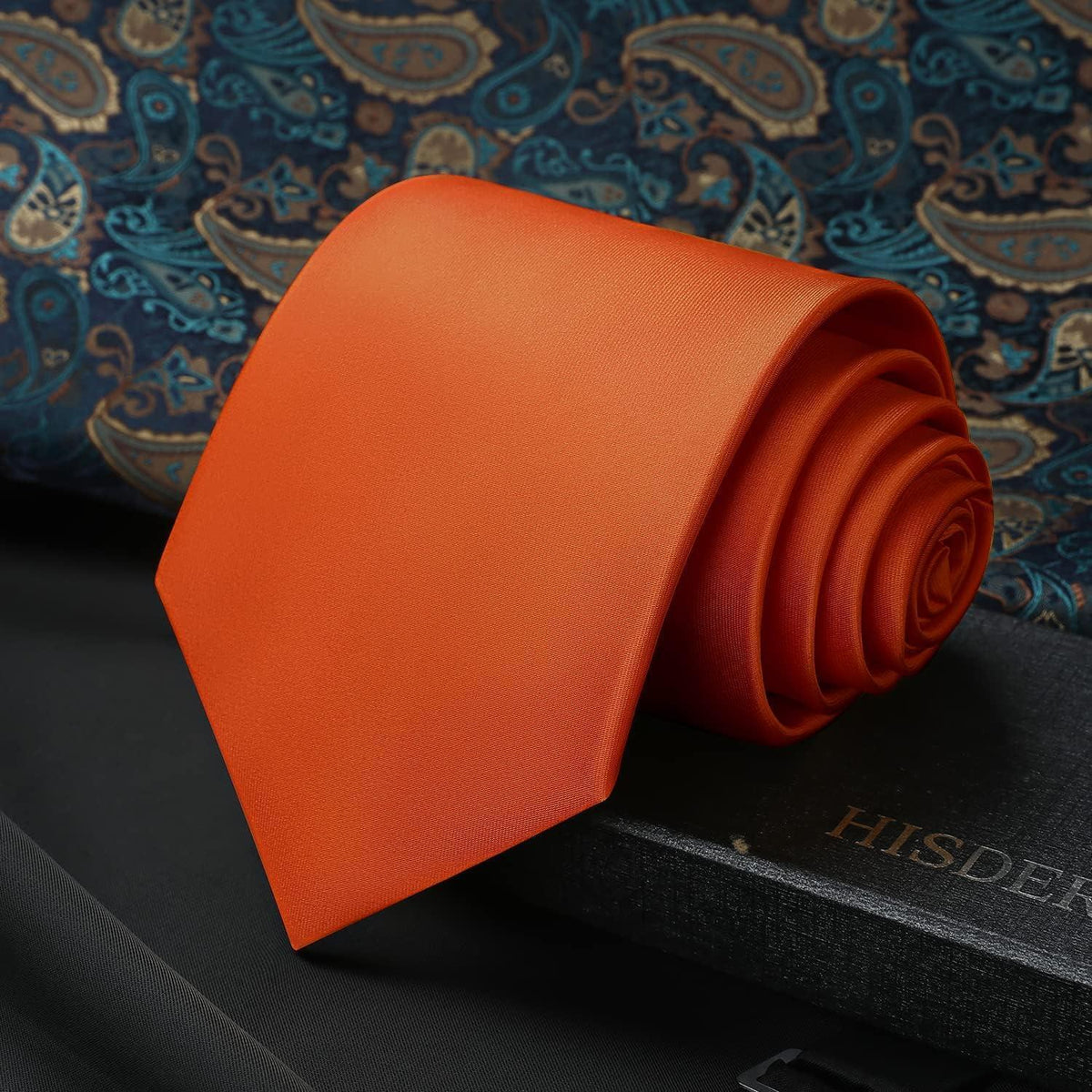Herren Krawatten-Set mit Einstecktuch und Krawattenklammer, Orange