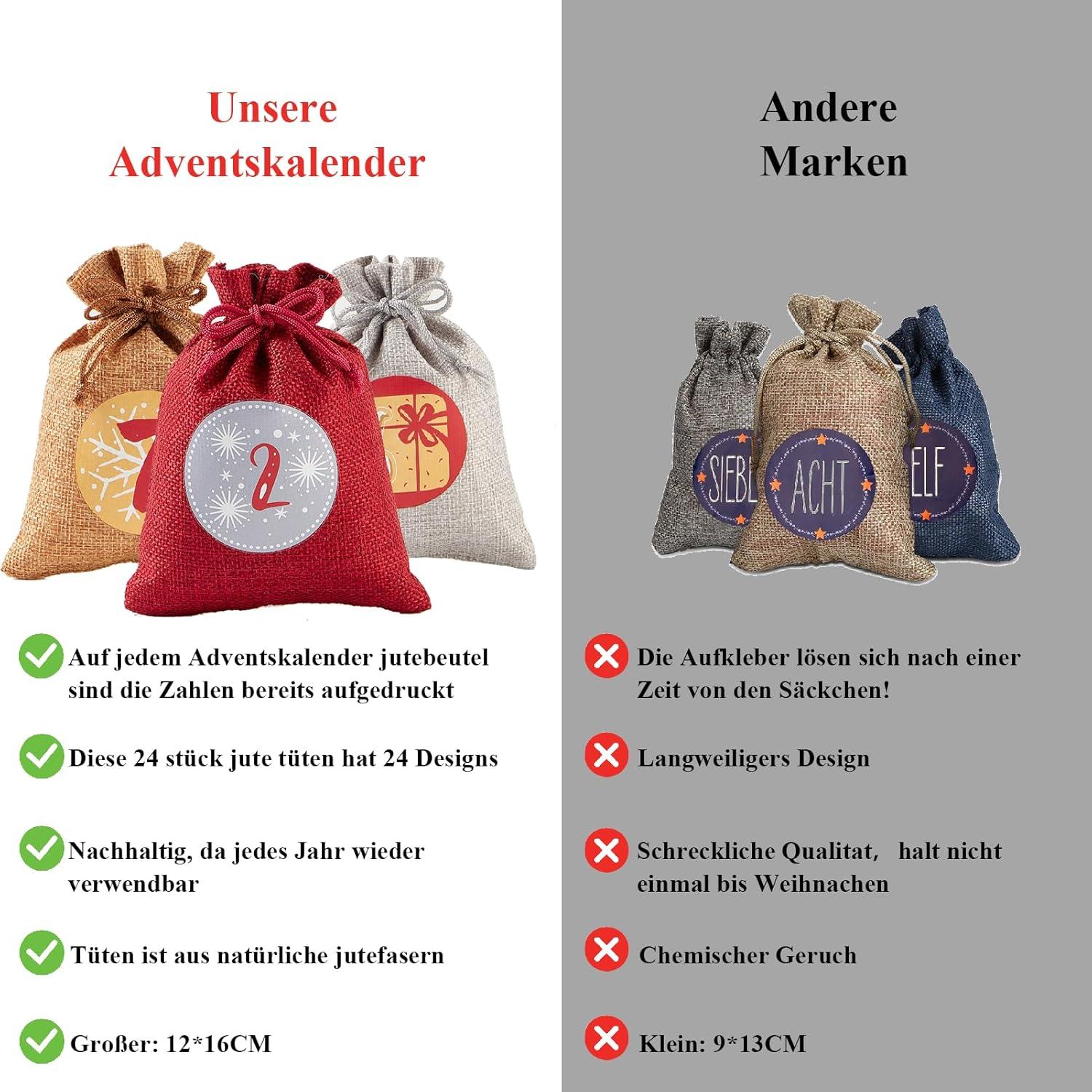 Adventskalender zum Befüllen Jutesäckchen 24er Set Geschenksäckchen Kinder Rot-Grau