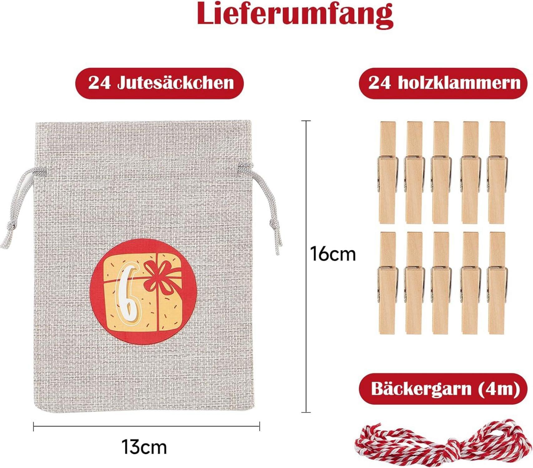 Adventskalender Jutesäckchen 24 befüllbare Geschenksäckchen Kinder Rot