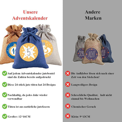 Adventskalender Jutesäckchen zum Selbstbefüllen für Kinder Blau-Grau
