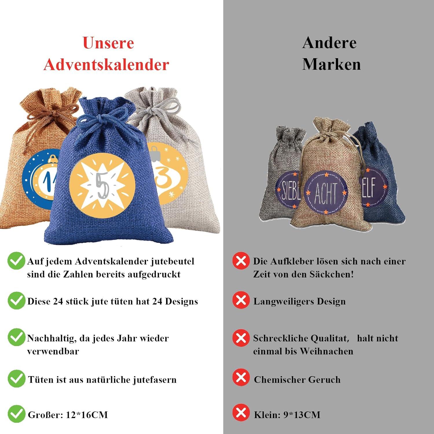 Adventskalender Jutesäckchen zum Selbstbefüllen für Kinder Blau-Grau