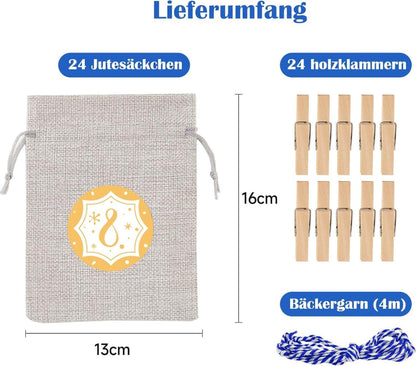Adventskalender Jutesäckchen Set Weihnachtskalender Kinder Befüllen Blau-Grau