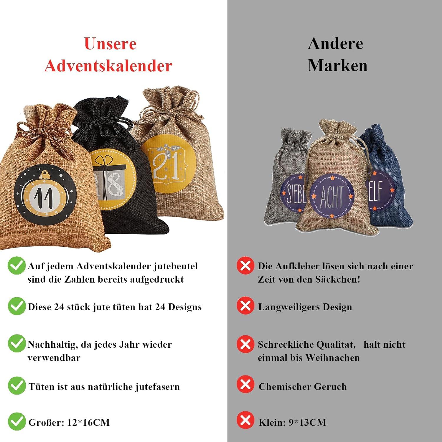 Adventskalender Jutesäckchen zum Selbstbefüllen 24 Stück Schwarz