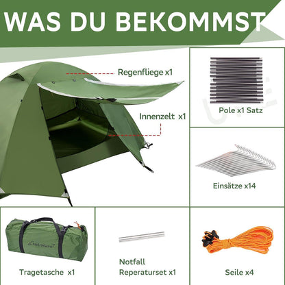 2-Personen Trekkingzelt wasserdicht ultraleicht grün
