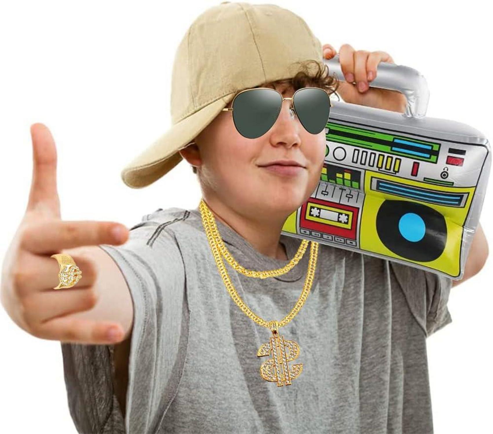 Fasching Karneval Kostüm 5 in 1 Vokuhila Set Boombox Perücke Zubehör