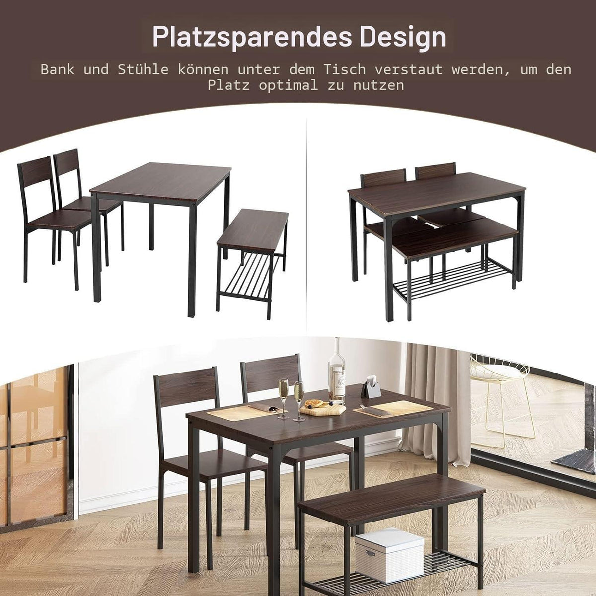 Esstisch-Set für 4 Personen | Küchentisch mit Stühlen & Bank