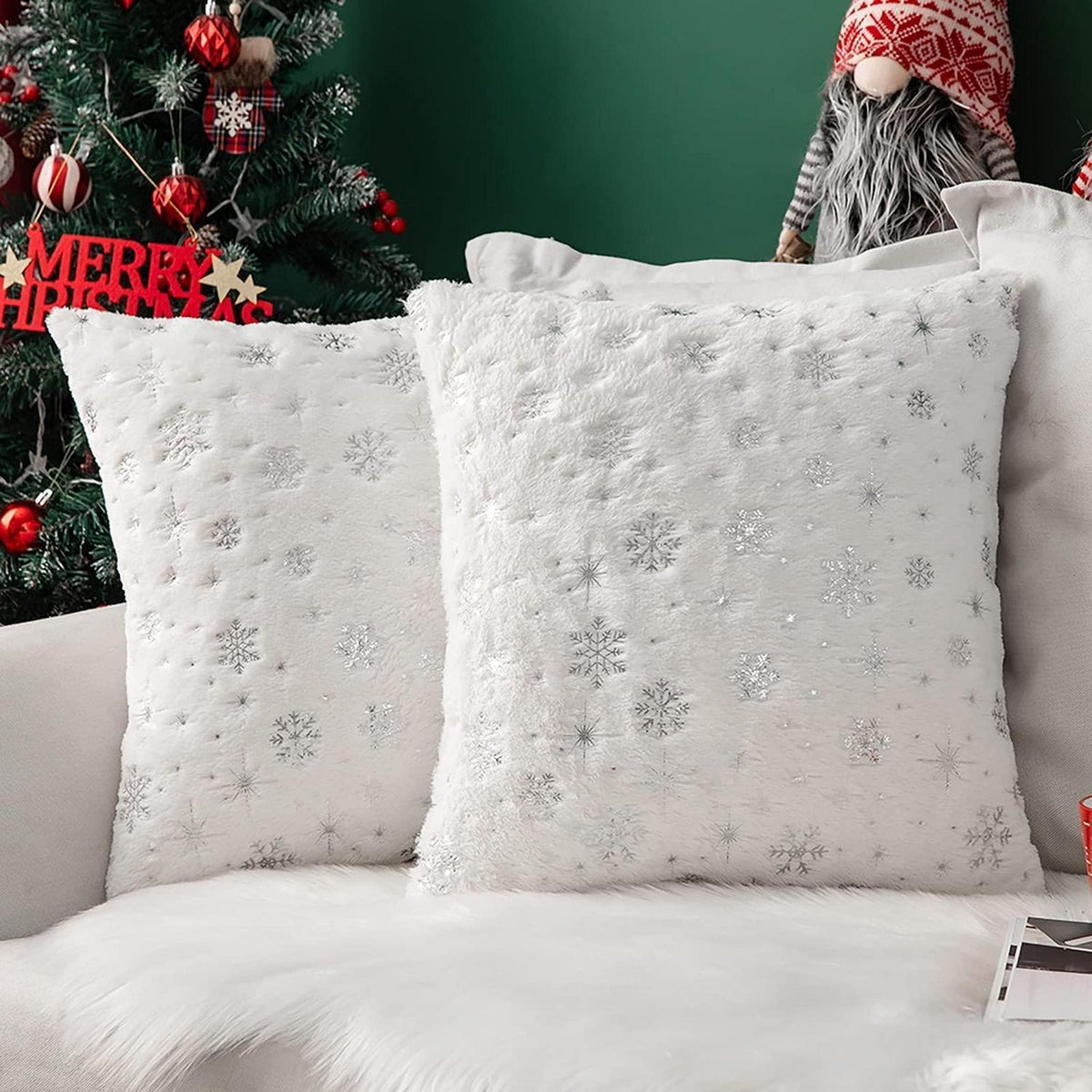 Kissenbezüge Weihnachten 2er Set Flauschig Schneeflocken 45x45 cm Weiß