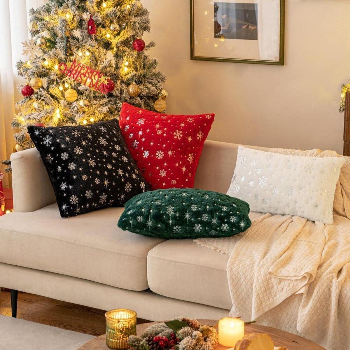Kissenbezüge Weihnachten 2er Set Flauschig Schneeflocken 45x45 cm Weiß