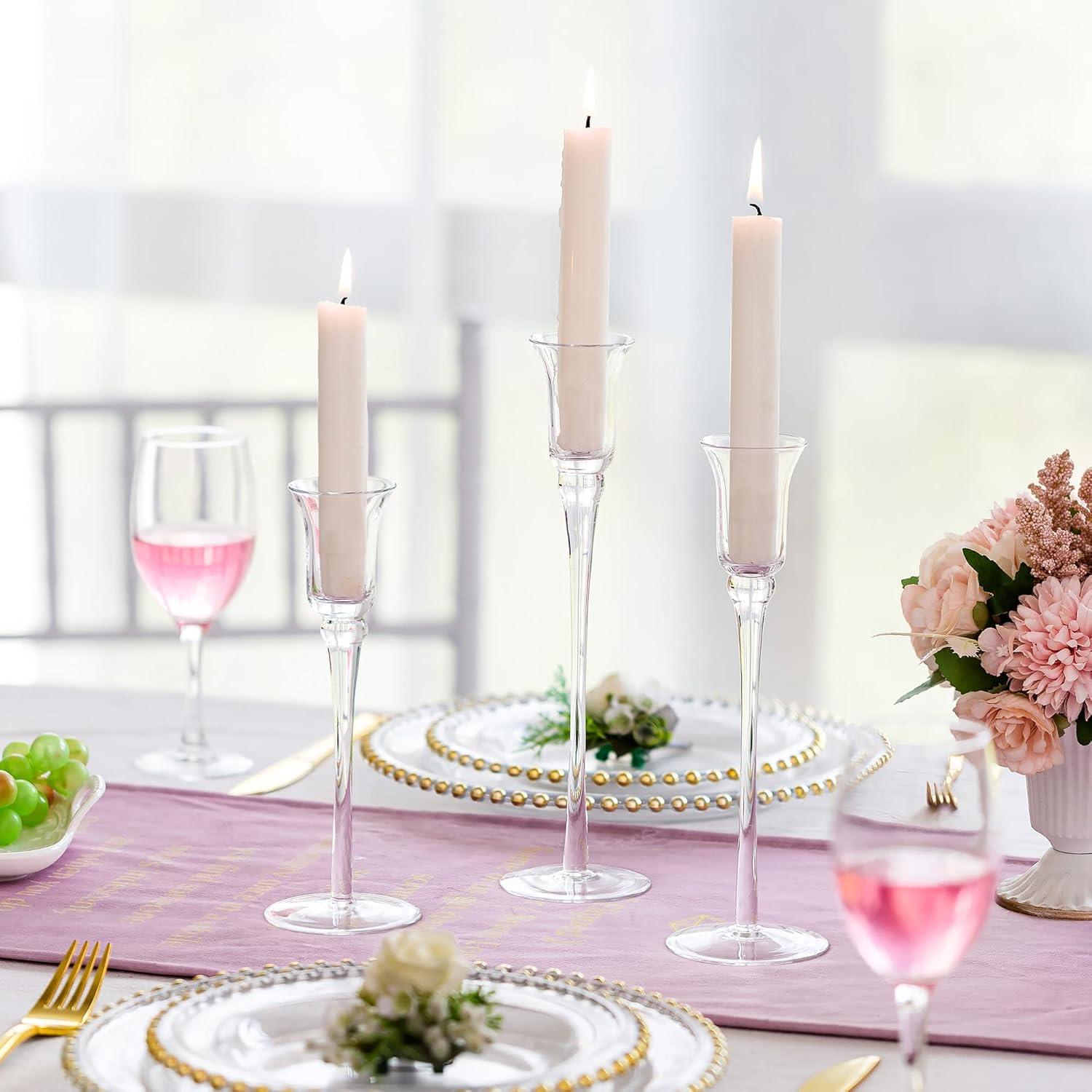 Romadedi Glas Kerzenhalter 3er Set Kristallglas Stabkerzen 20/23/26cm