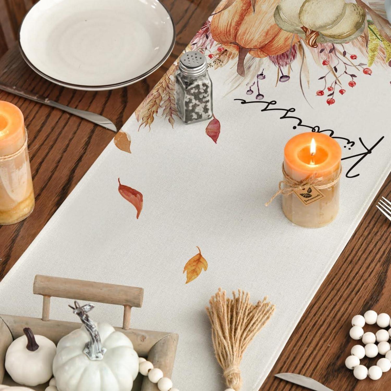 Herbst Tischläufer 40x180 cm Kürbisse Blumen Blätter Orange