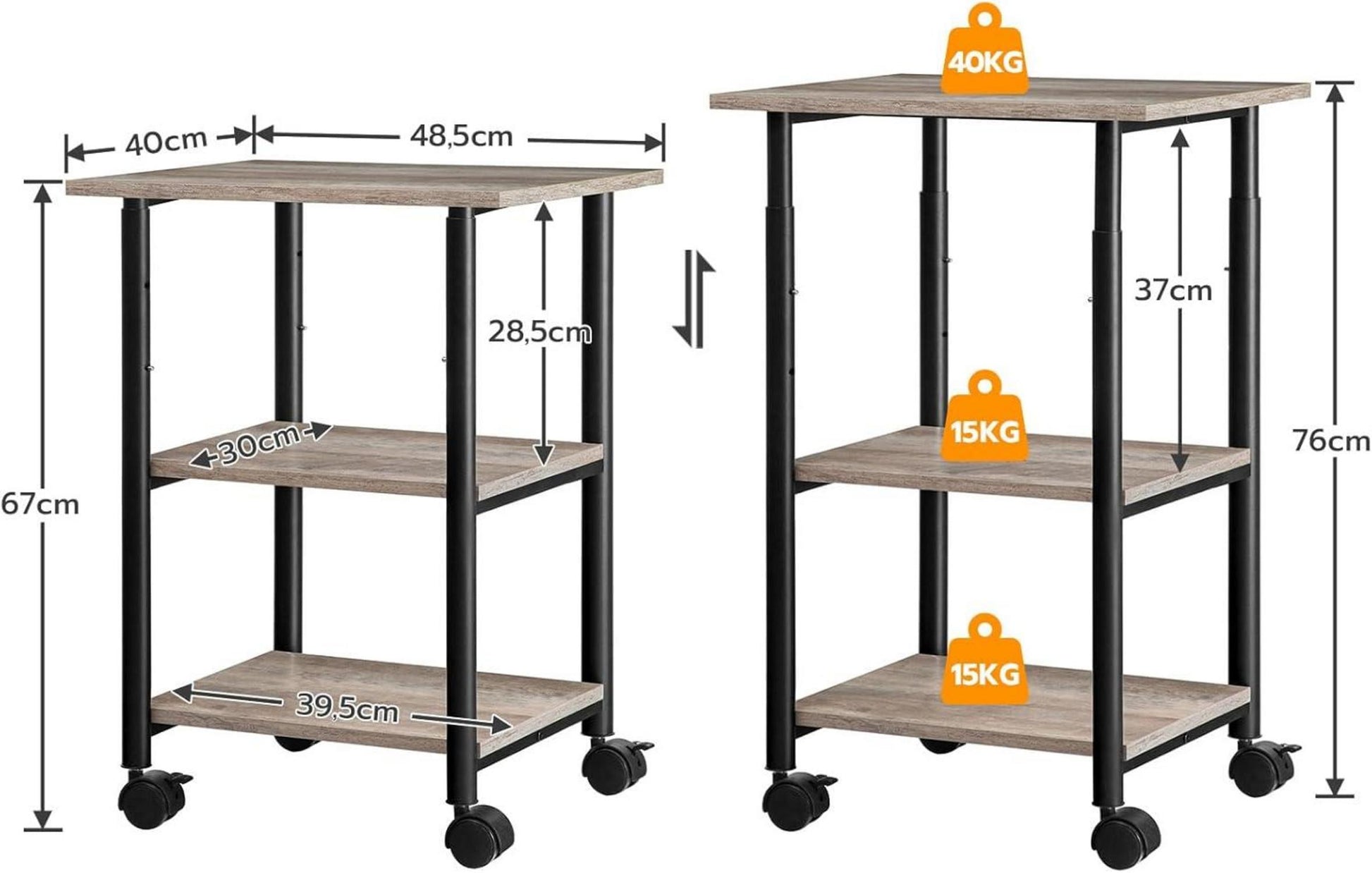 Druckertisch mit arretierbaren Rädern, rollbar 3 Ebenen
