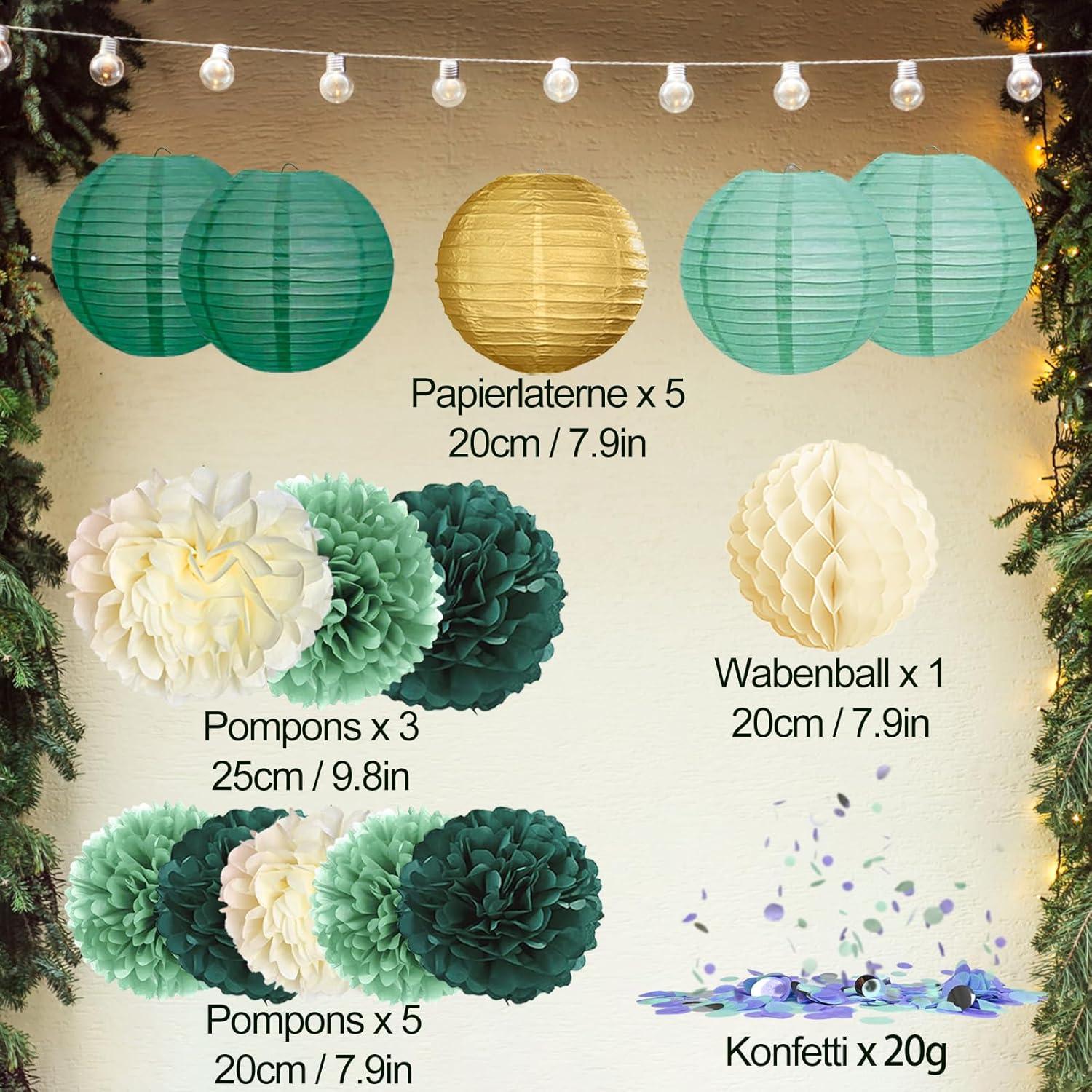 Grüner Elf Dekoration Set 15er Pompom Wabenbälle Girlande