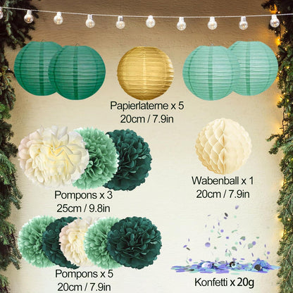 Grüner Elf Dekoration Set 15er Pompom Wabenbälle Girlande
