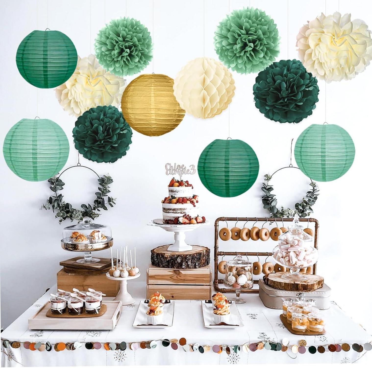 Pompoms Pompons Wabenbälle Girlande Geburtstag Deko 15er Set Green Elf