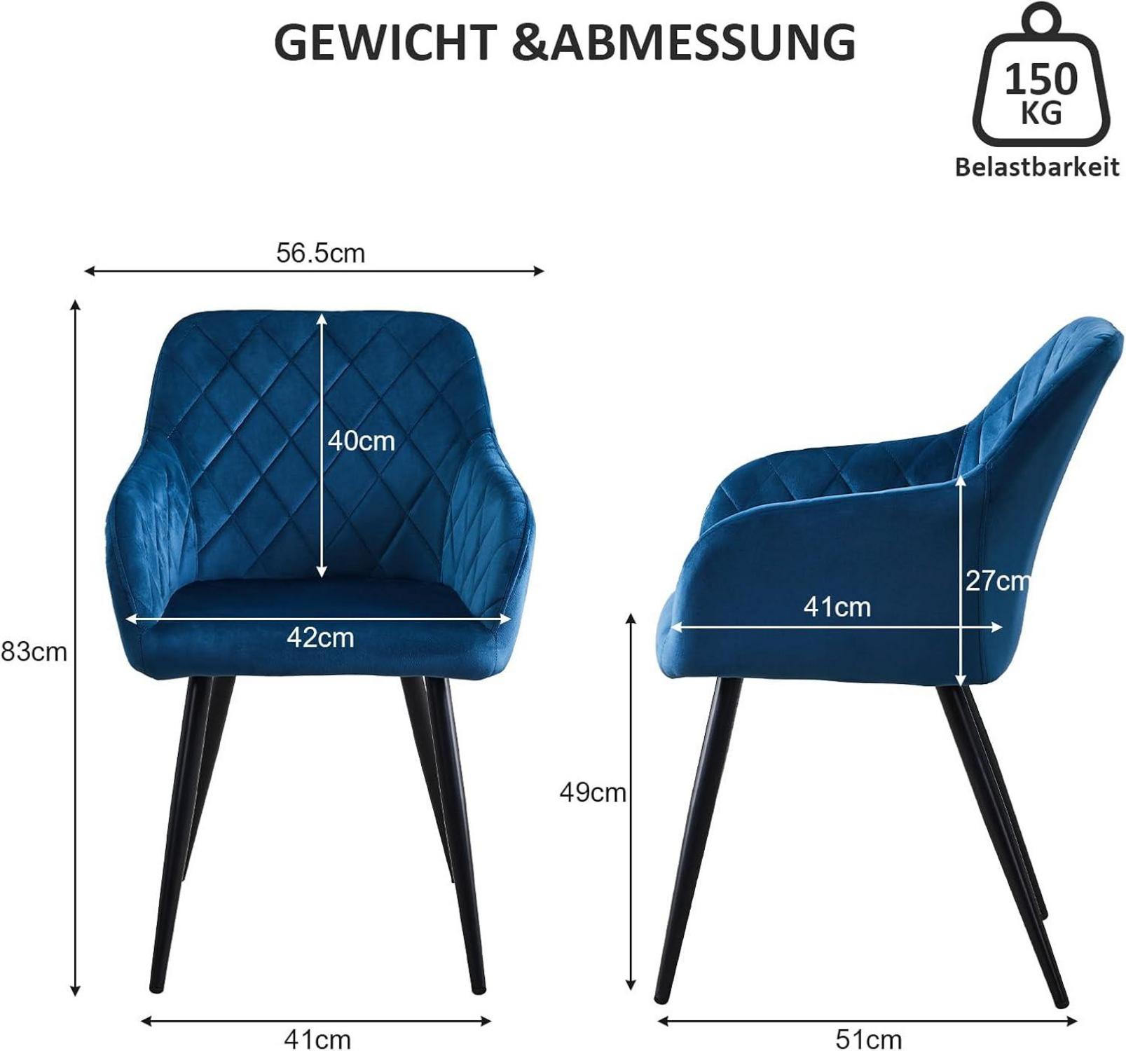 Samt Esszimmerstühle 2er Set Armlehne Metallbeine Blau