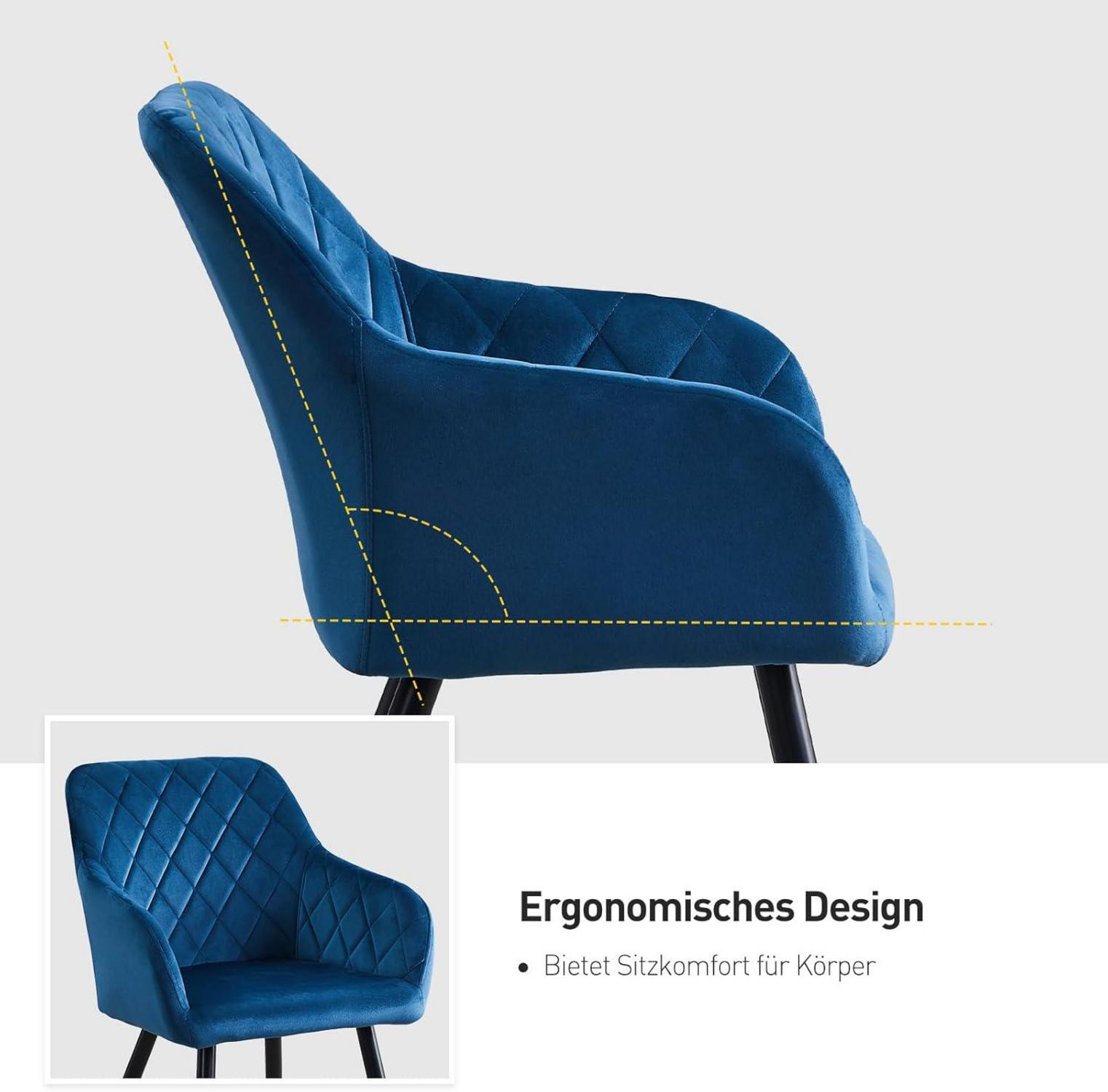 CLIPOP Esszimmerstühle 2er Set Samt Blau Küchenstuhl Armlehne Metallbeine