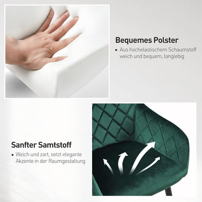 CLIPOP Esszimmerstühle 2er Set Samt Bezug Armlehne Metallbeine Grün