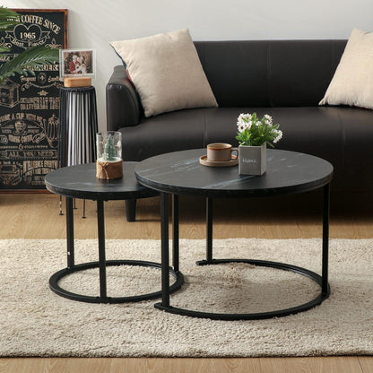 Modern Runder Couchtisch 2er Set Metall Marmoroptik Wohnzimmer Büro