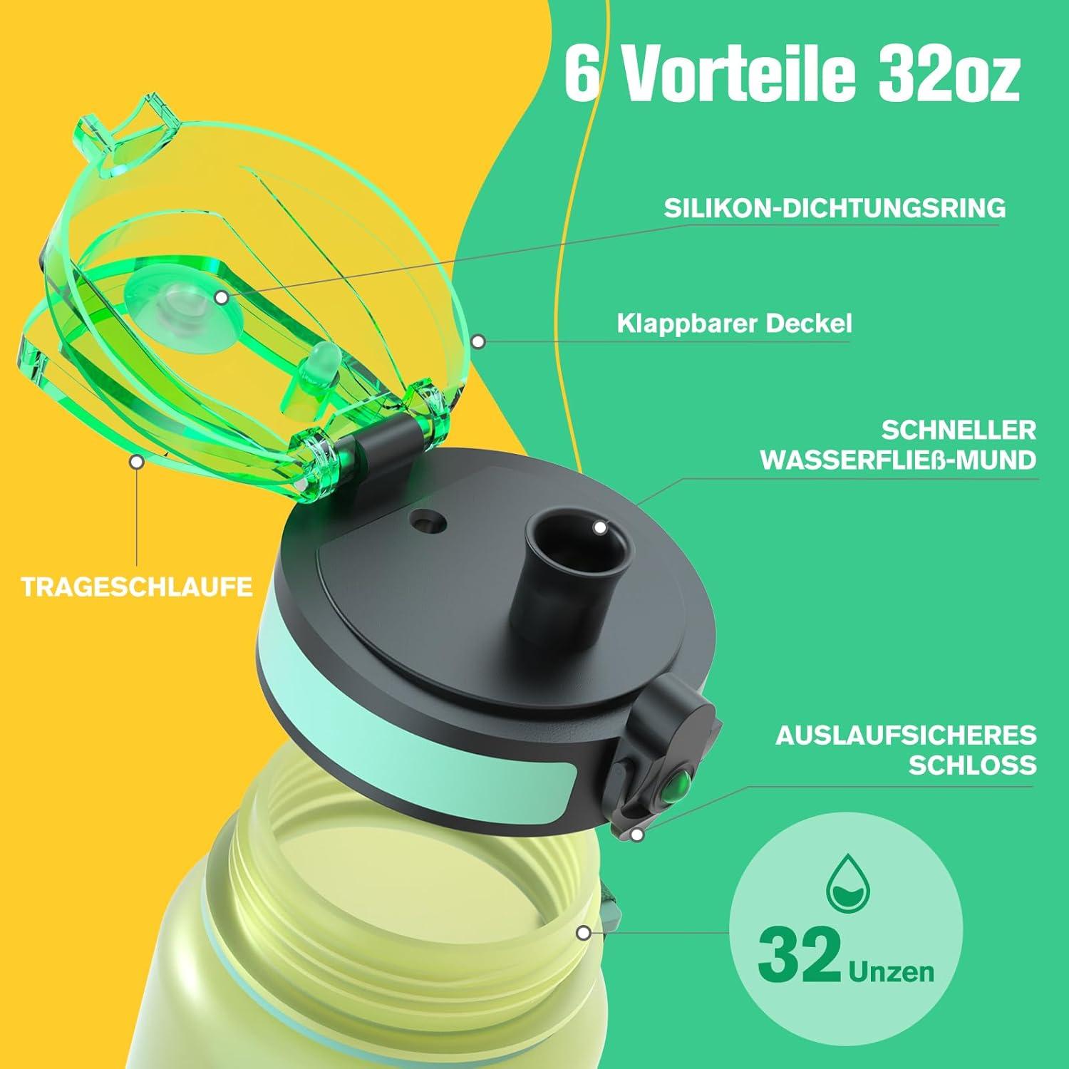 Sahara Sailor Trinkflasche Sport BPA-frei Tritan 1L Auslaufsicher Wasserflasche Mint 32oz