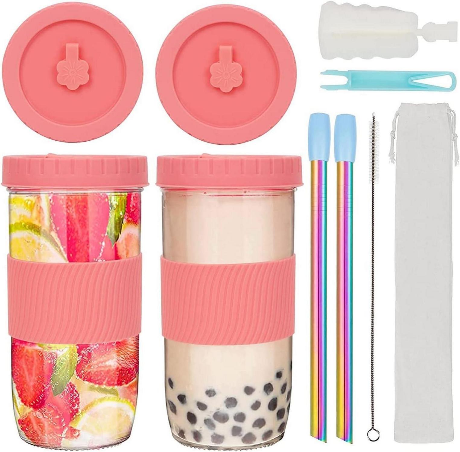 Bubble Tea Becher mit Strohhalm 730ml 2er Set - Rosa