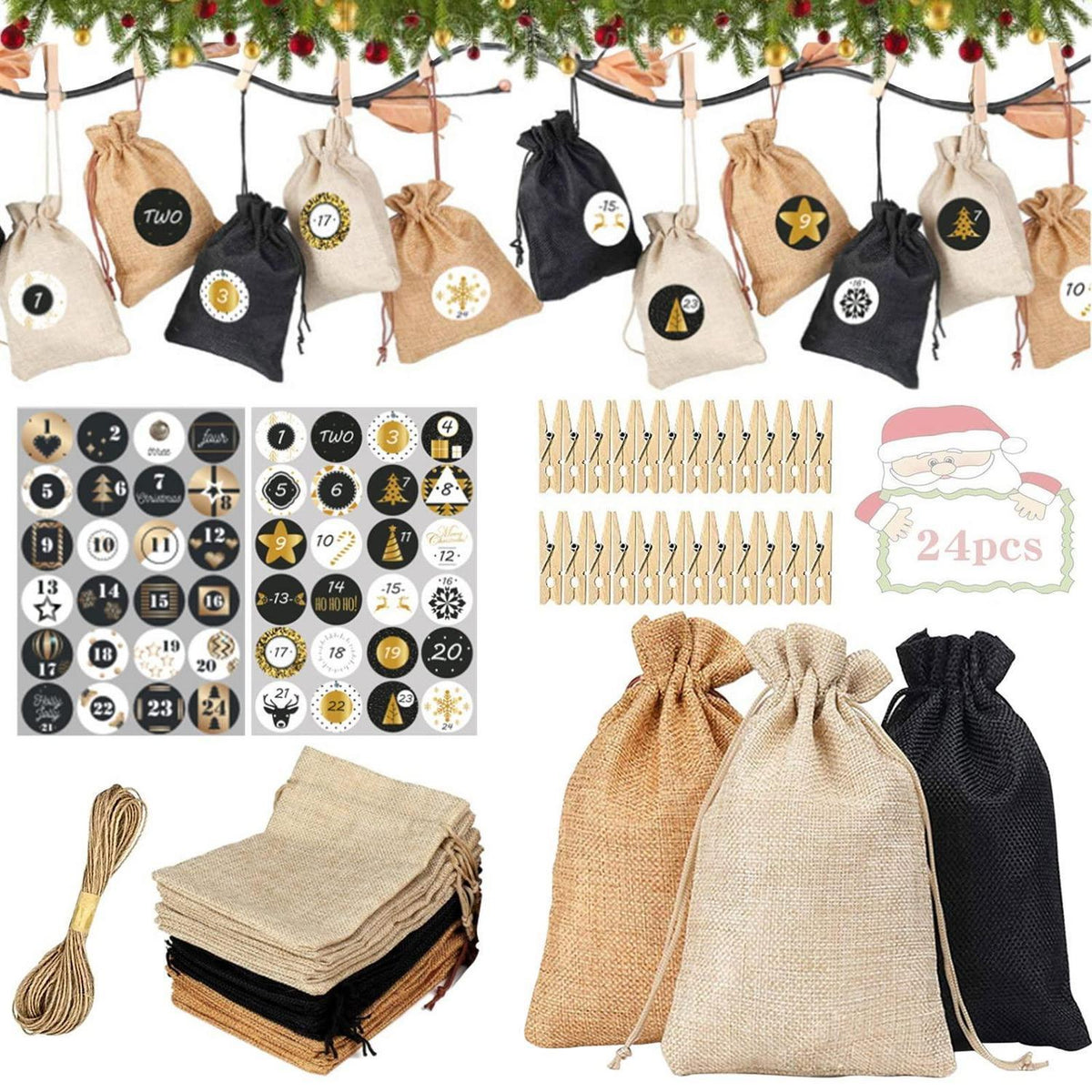 24 Jute Adventskalender zum Befüllen mit Zubehör