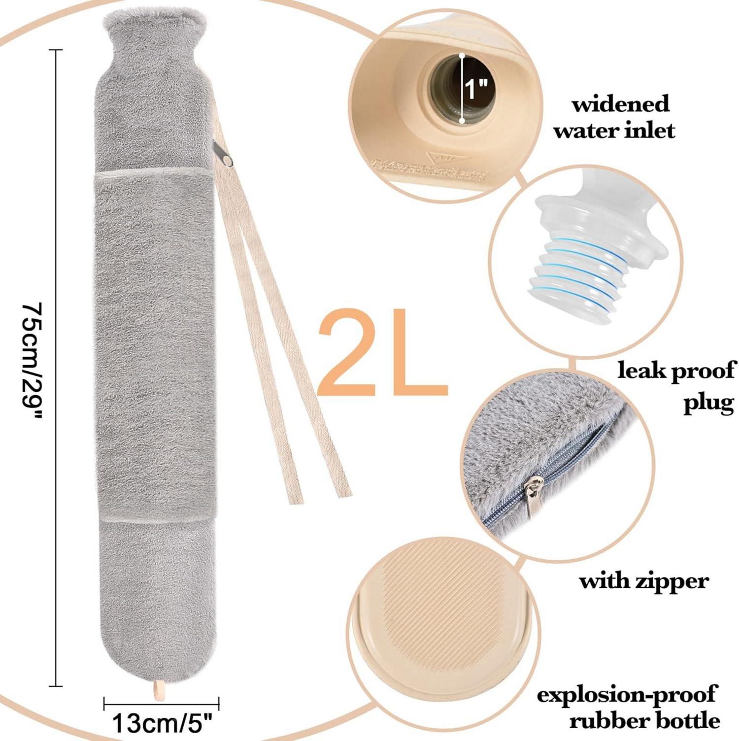 XXL Lange Wärmflasche mit Flauschigem Bezug 2L Hot Water Bottle Grau