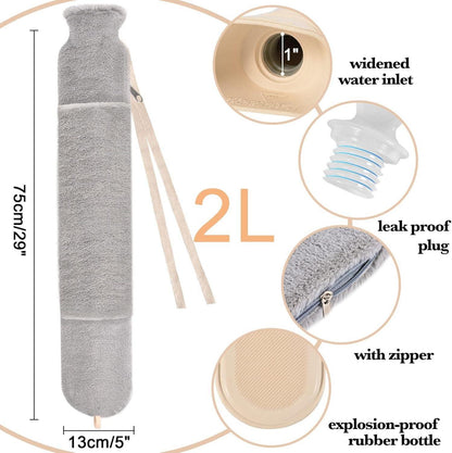 XXL Lange Wärmflasche mit Flauschigem Bezug 2L Hot Water Bottle Grau