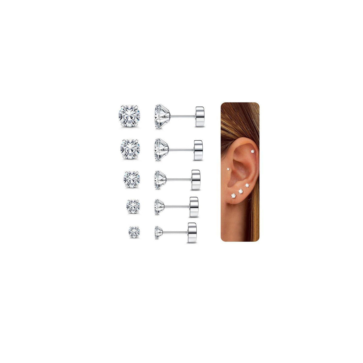 5 Paar Zirkonia Ohrstecker Silber Gold Edelstahl Set