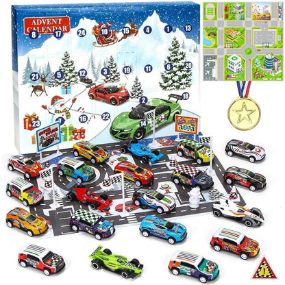 Adventskalender Auto für Kinder mit Rennspielzeug und Medaille