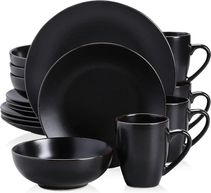 Kombiservice Vintage Steingut Geschirr-Set 16-teilig Schwarz