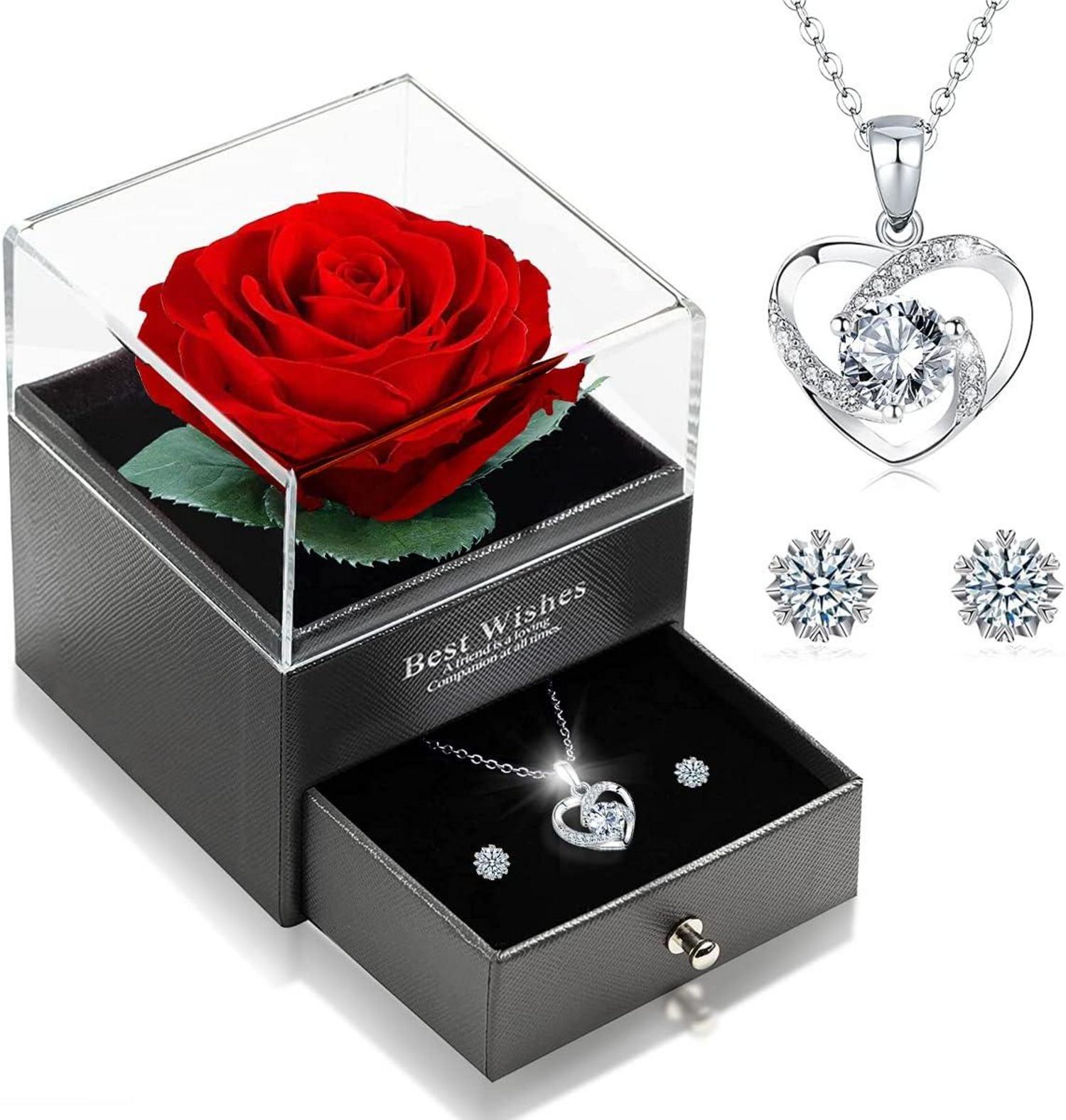 Ewige Rosen Halskette Ohrringe Set 925 Silbergeschenkbox