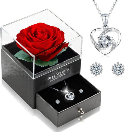 Ewige Rosen Halskette Ohrringe Set 925 Silbergeschenkbox