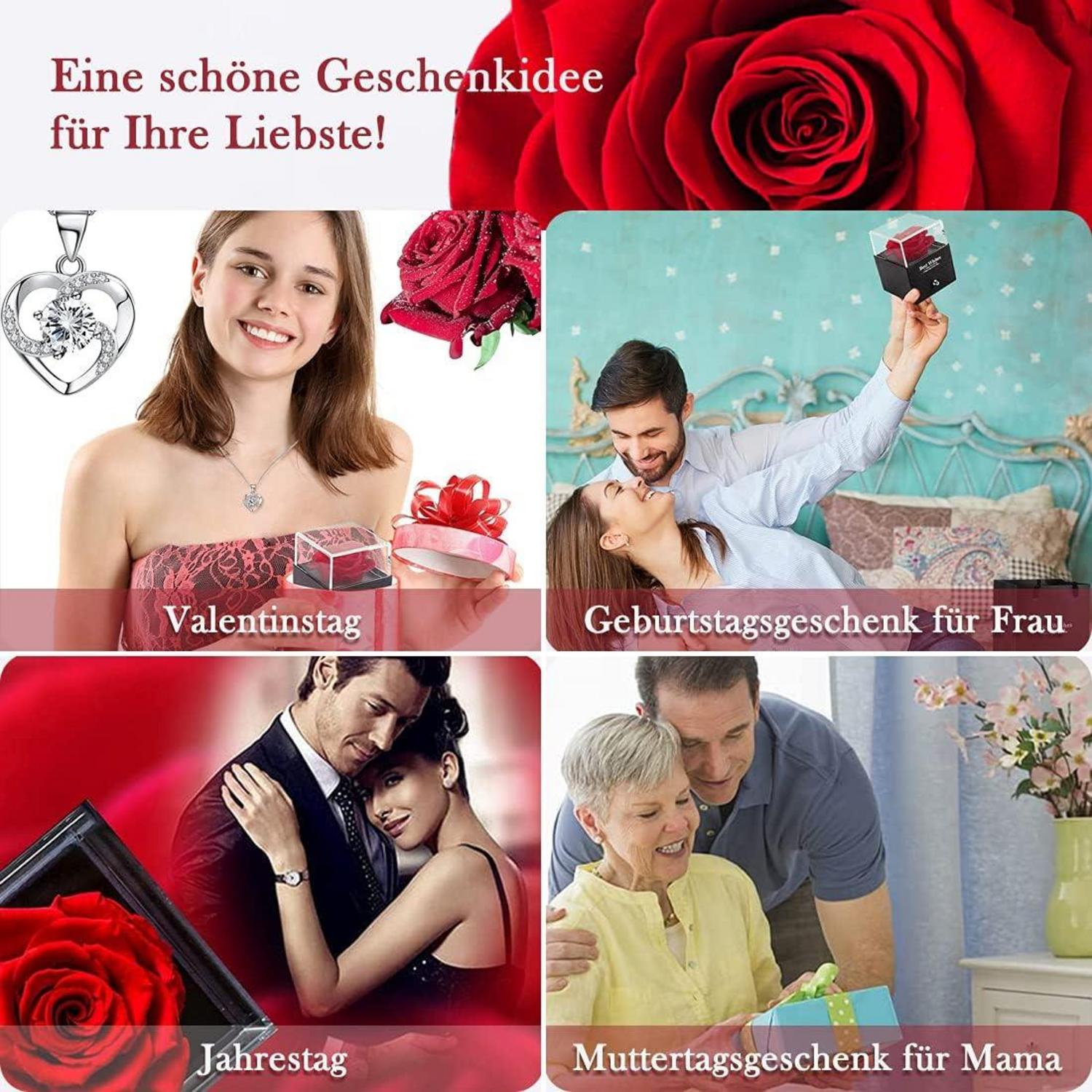Ewige Echte Rosen Herz Halskette Ohrringe Valentinstag Set