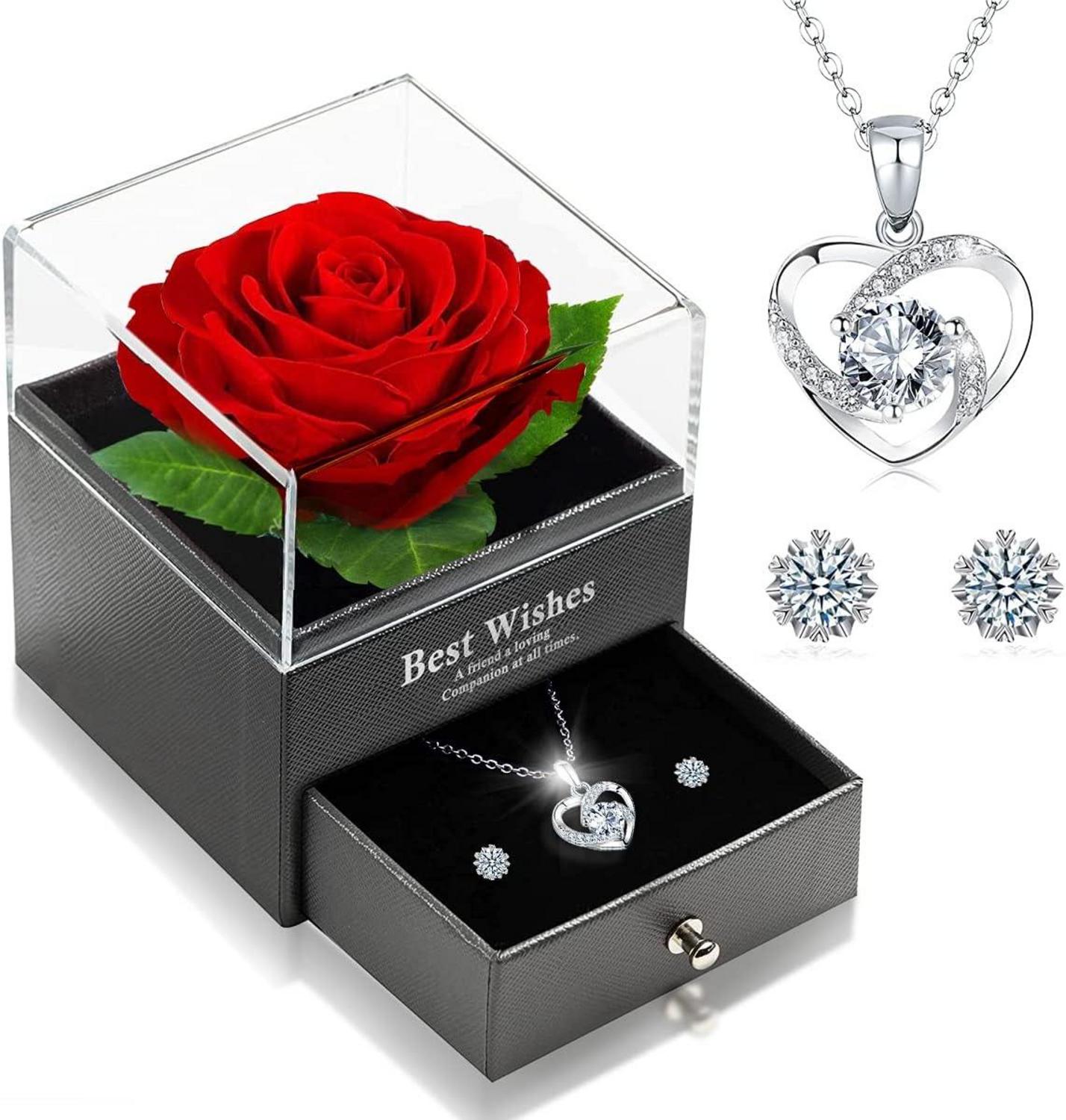 Ewige Echte Rose Herz Halskette 925 Silber Ohrstecker Set Valentinstag Geburtstagsgeschenk