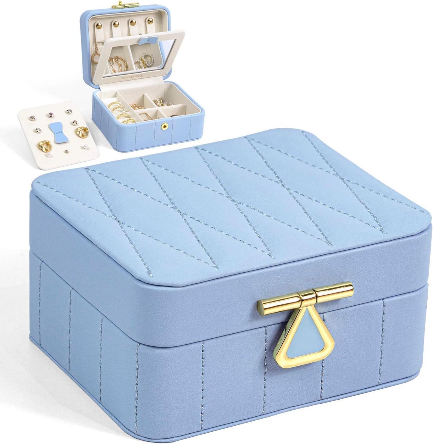 Kleine Reiseschmuckschatulle Diamant gestepptes Leder Blau mit Spiegel