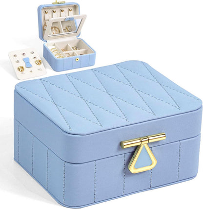 Kleine Reiseschmuckschatulle Diamant gestepptes Leder Blau mit Spiegel
