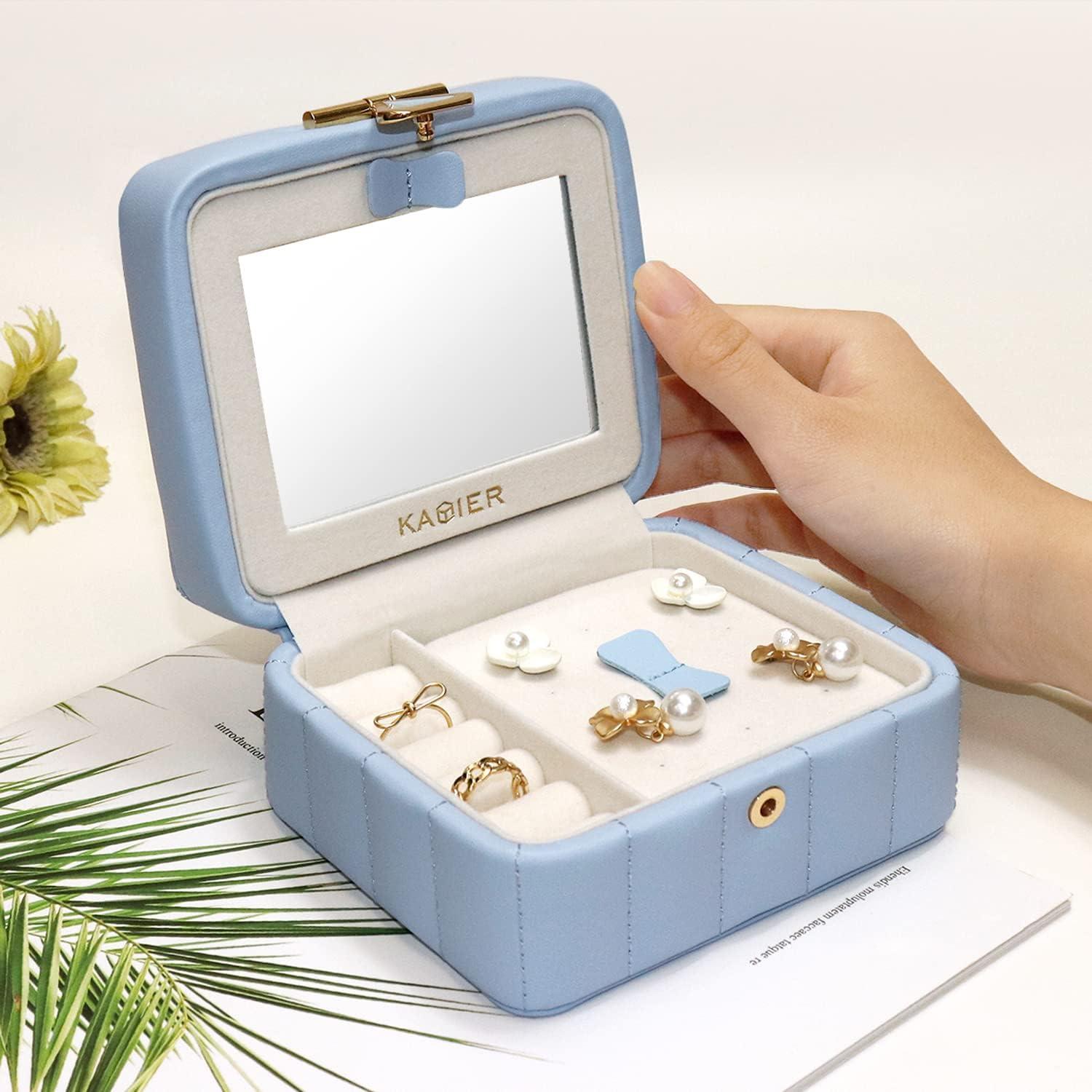 Kleine Schmuckschatulle Reise Schmuckbox Diamant Leder Blau