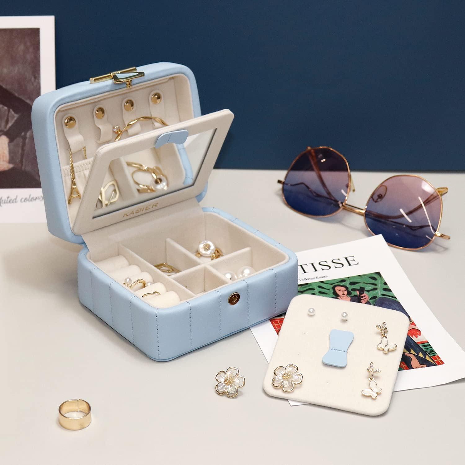 Kleine Schmuckschatulle Reise Schmuckkästchen Damen Diamant Leder Blau