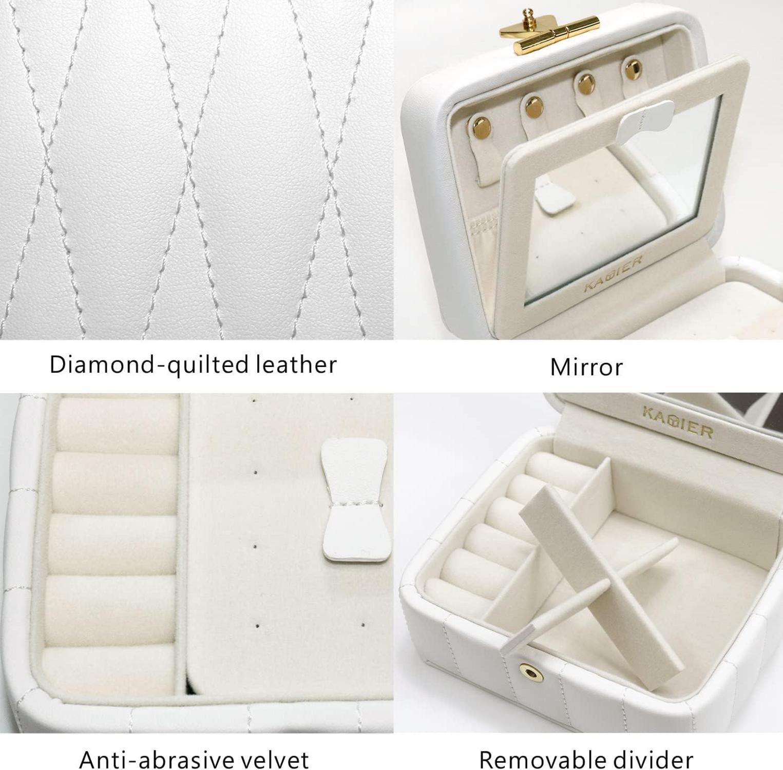 Kleine Schmuckschatulle Weiß Diamant gestepptes Leder Spiegel