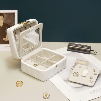 Kleine Schmuckschatulle Diamant gestepptes Leder Weiß mit Spiegel