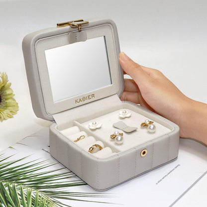 Kleine Schmuckschatulle mit Spiegel, Reise Schmuckbox Grau