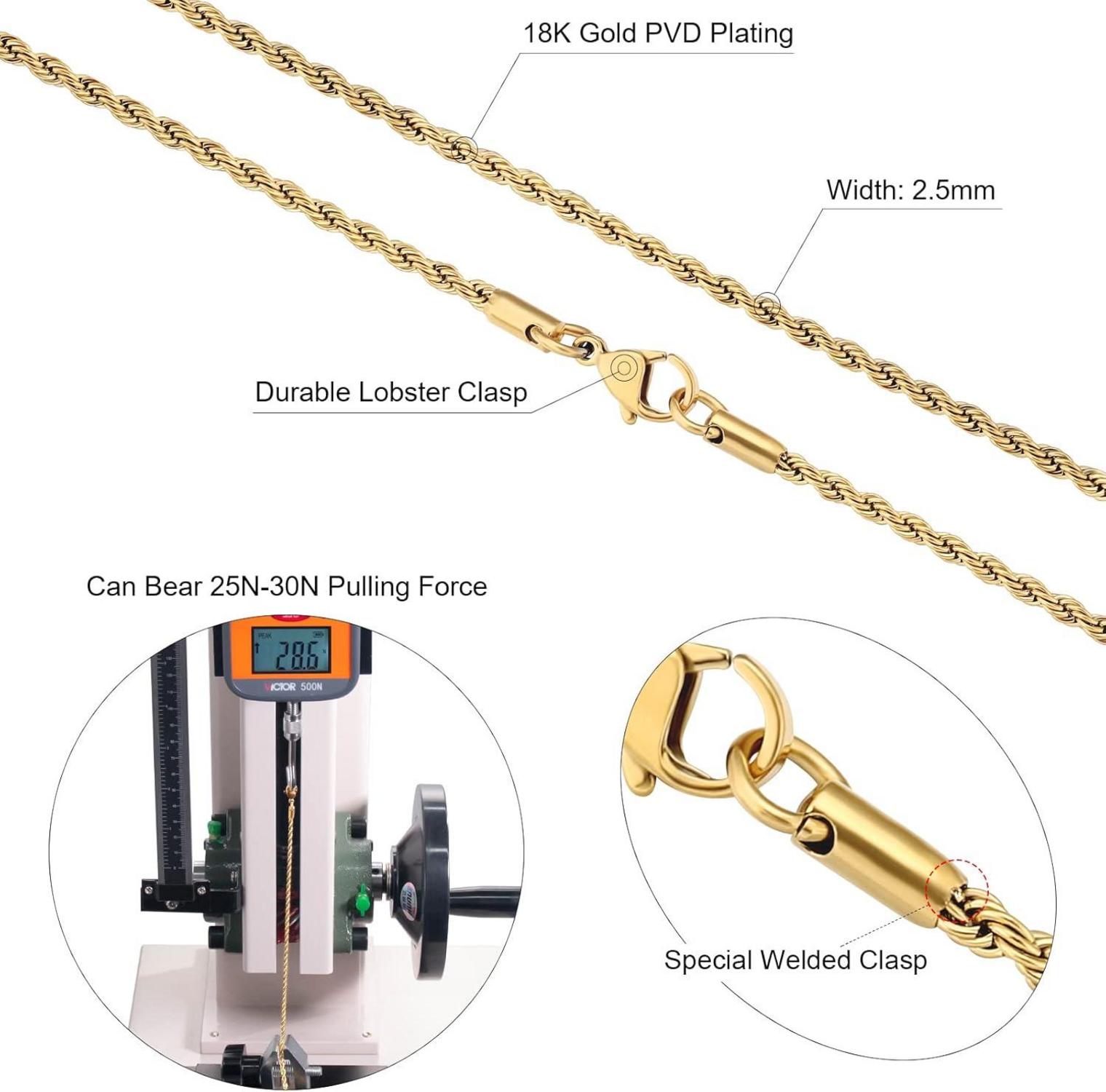 Goldkette Herren 2,5mm Edelstahl Seilkette Zopfkette 18K Gold beschichtet